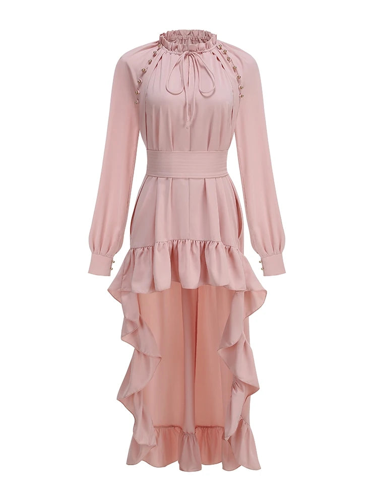 שמלת ערב היי-לואו עם מלמלה ושרוולים נפוחים – ורוד